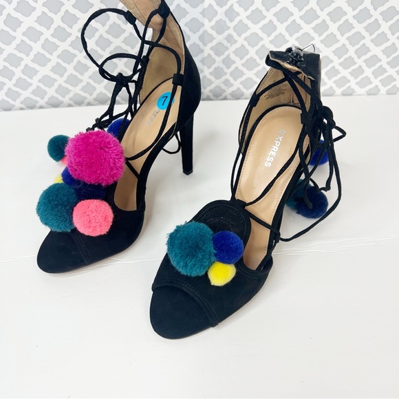 NWT Express Black Faux Suede Lace Up Pompom Open Toe Heel (flawed) - Picture 7 of 14